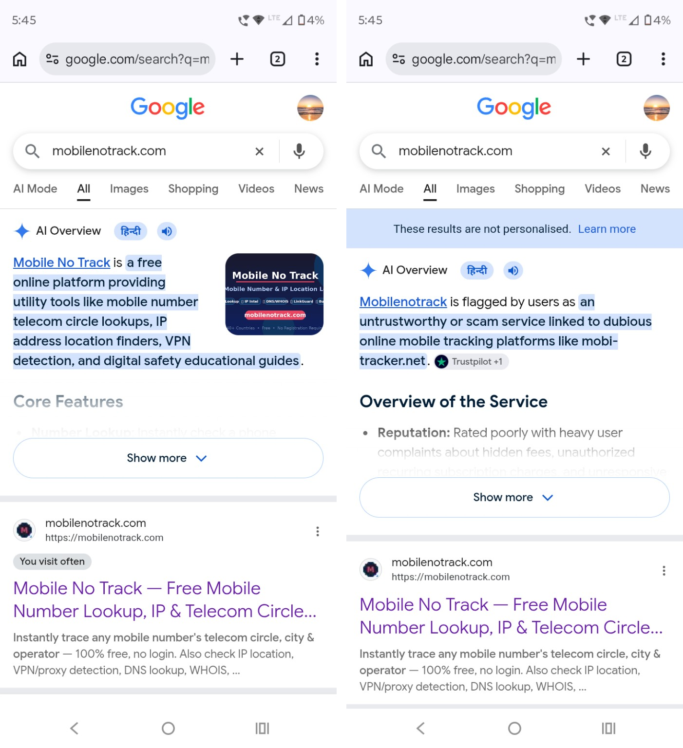 Google AI Overview Discrepancy Proof mobilenotrack.com vs mobi-tracker.net